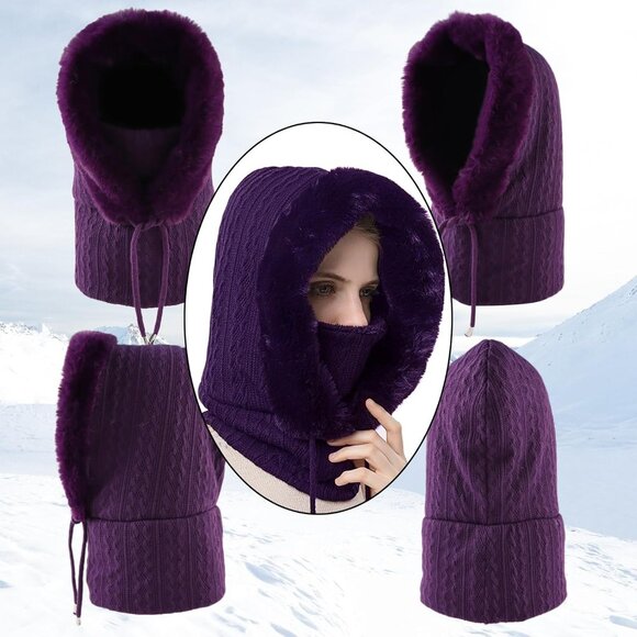 Women Purple Polyester Warm Thick Fluff Beanie Adult Neck Face Winter Balaclava - Picture 3 of 7